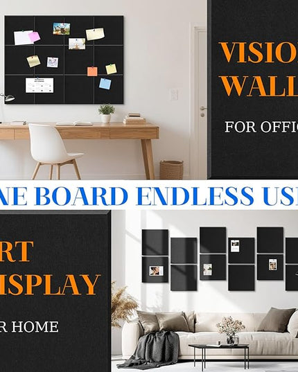 DOLLAR BOSS Large Cork Board for Wall 48" x 36" x 0.5" Bulletin Board 12 Packs Black Cork Board Tiles Self Adhesive Felt Wall Tiles with Pushpins, Corkboard for Office Pin Board Tack Board, Black