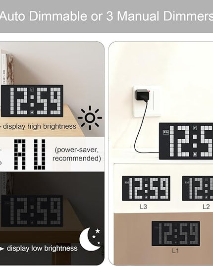 KWANWA Digital Alarm Clock with Auto-Dimmable LED Pixel Display, Weekend Alarm Mode, Plug-in Power with Battery Backup, DST Adjustment, Small Clock for Bedroom Desk (White LED)
