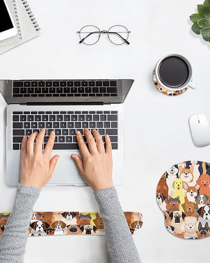 Britimes Ergonomic Mouse Pad Set with Wrist Rest Colorful Doodle Dogs Non-Slip Rubber Base Wrist Cushion Support and Coasters Mousepad with Wrist Support for Computer Keyboard and Desk