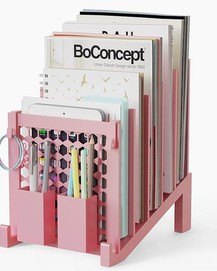 File Organizer for Desk with Storage Box & Hook, Inclined Desk File Organizer with 5-Section Vertical File Holder suitable for Home Office Document Organization (Pink-01)