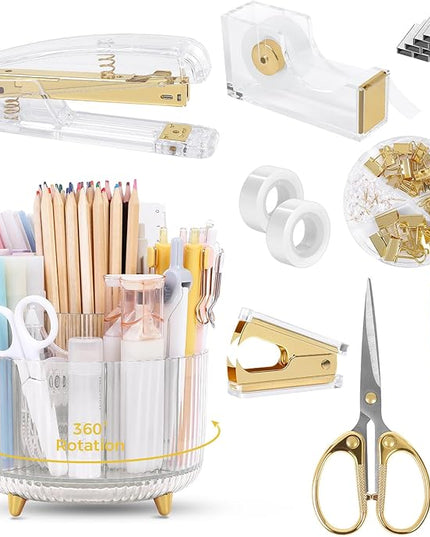 SKYDUE Gold Office Supplies Set, Pencil Holder for Desk,Gel Pen, Stapler, Tape Dispenser, Scissors,Clips and 1000pcs Staples, Office Decor for Women, Gold Desk Accessories