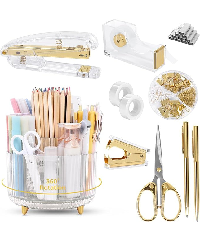 SKYDUE Gold Office Supplies Set, Pencil Holder for Desk,Gel Pen, Stapler, Tape Dispenser, Scissors,Clips and 1000pcs Staples, Office Decor for Women, Gold Desk Accessories