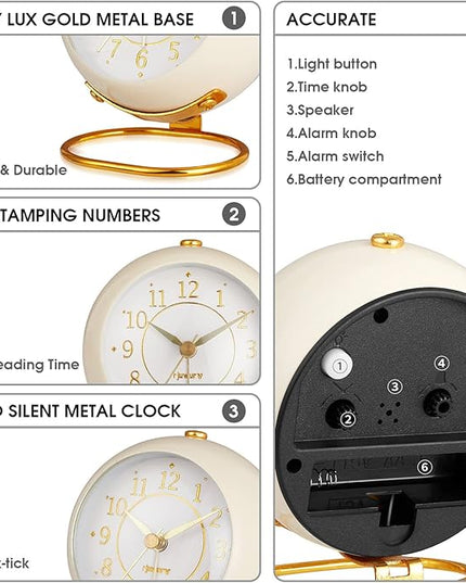 rjuwurv Metal Desk Clock, Retro Bedroom Table Vintage Analog Alarm Clock, Silent Non-Ticking Gold Clock, Bedside Décor(Milk White)