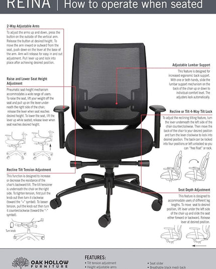 Oak Hollow Furniture Reina Series Office Chair Ergonomic Executive Computer Chair with Breathable Fabric Seat Cushion and Mesh Back, Adjustable and Comfortable, Lumbar Support, Swivel and Tilt