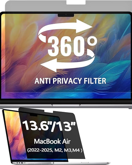 Halloive 360° Privacy Screen Protector for Macbook Air 13.6/13 Inch (2022-2025, M2, M3，M4), Privacy Screen Filter for Macbook Air 13.6 Inch, Anti-Spy/Anti Fingerprint/Anti Blue Light/Anti Glare