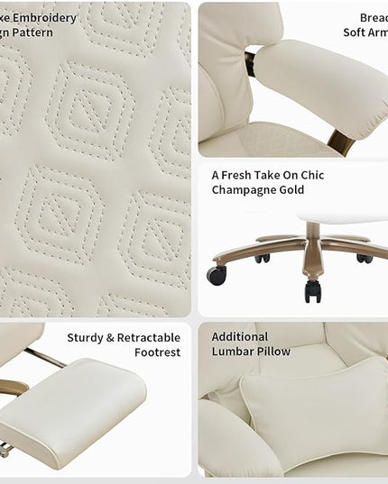 Big and Tall Executive Office Chair with Footrest, 400LBS Capacity Ergonomic High-Back Desk Office Chair with Lumbar Support, Padded Armrests & Thick Cushion, White PU Leather Chairs