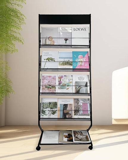 Tongmo Floor-Standing Magazine Rack 4-Layer with Wheels, Brochure Display Stand, High-hardness metal for Office,Exhibitions, and Any Organization Requiring Information Display (black)