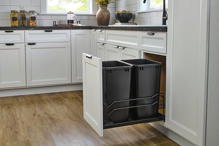 Rev-A-Shelf Double Pullout Trash Can for Under Kitchen Cabinets 35 Qt. 8.75 Gallon w/Soft-Close Slides for 18” Base Cabinets Black, 53WC-1835SCDM-218