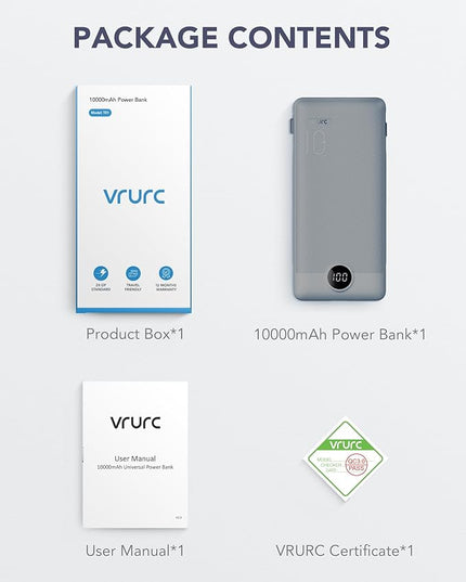 VRURC Portable Charger Built-in Cables and AC Wall Plug, USB C Power Bank 10000mAh, Travel Battery Portable Phone Charger Compact Lightweight External Battery Pack for Smart Phones, Tablets etc-Grey