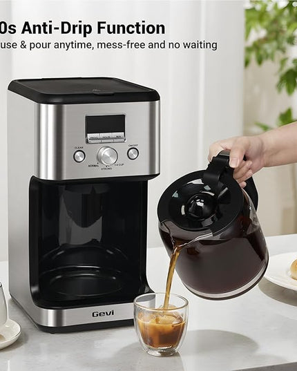 Gevi 14-Cup Programmable Coffee Maker, Drip Coffee Machine with Normal & Strong Brew for Home and Office, Glass Carafe, 2-Hour Keep Warm, Pause & Serve, Auto Shut Off, Silver