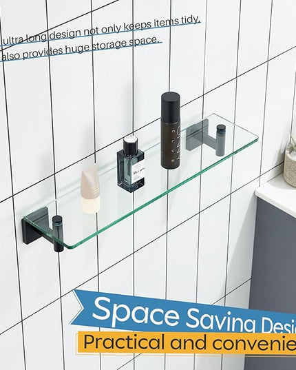 KOKOSIRI Bathroom Shelves Glass Floating Shelf 20-Inch for Bedroom, Living Room, Kitchen, Storage Hanging Rack Rustproof Wall Mounted Black B1105BK-L20