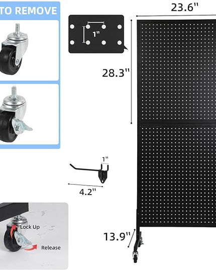 2'x 5' Standing Pegboard Display with T-Base, Pegboard Display Stand with Wheels, Metal Peg Board Display Rack, Art Display Stand, Extra 10 Pieces Hooks - Black
