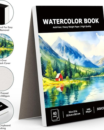 Soucolor Watercolor Paper Pad, 9"x12" Water Color Paper, 140lb/300gsm 40 Sheets Artist Painting Drawing Paper Book, Art Supplies for Adults, Watercolor Paint Set, Sketchbook, Journal, Notebook