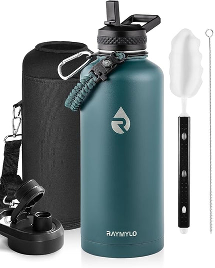 Insulated Water Bottle 87 oz, Triple Wall Vacuum Stainless Steel (Cold for 48 Hrs), Leak Proof & Non-BPA, Modern Water Flask Jug with Paracord Handle & Straw Spout Lids, Dark Green