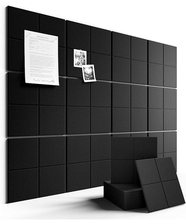 Large Felt Bulletin Board 48" x 36", 12-Pack 4-Compartment Wall Organizer, Cork Board Alternative with 70 Removable Adhesive Tabs, Modular Felt Panels for Home Office, Classroom and Study-Black