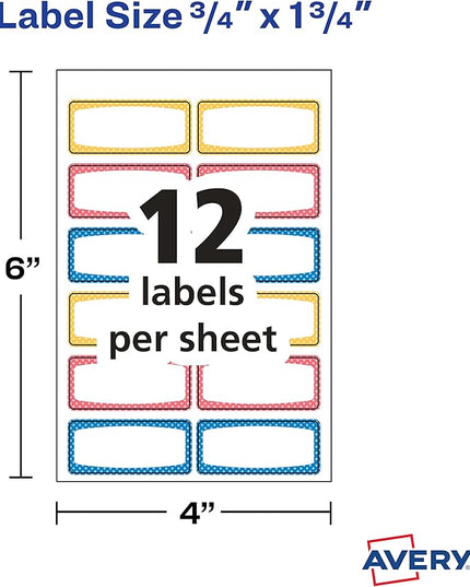 Avery Durable Labels for Kids' Gear,3/4" x 1-3/4",Assorted Border Colors,Water-Resistant Labels,60 Total (41442),(Pack of 2)
