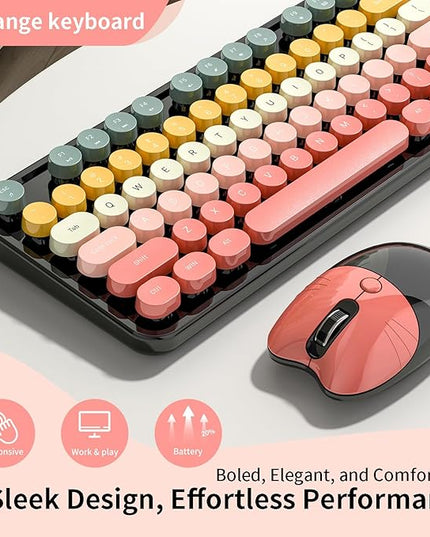 Wireless Keyboard and Mouse, MOFII 104 Round Keycaps Retro Typewriter with OTG & Brush, Full-Size Ergonomic, Ideal for Windows PC, Home, Office and College Rainbow Red