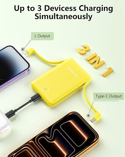 miisso 10000mAh Mini Portable Charger with Built in Cable, Pocket Size Power Bank Travel External Battery Pack for Phone, 3 Output USB Type C Cord Clutch Compatible with iPhone, Samsung, Yellow