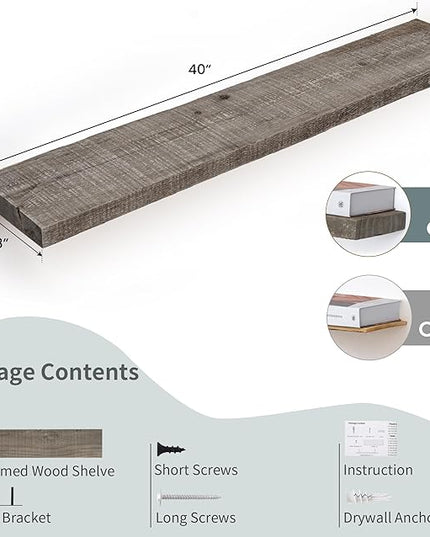 Floating Shelves Reclaimed Barnwood, 8" Deep Solid Wood Floating Shelf Wall Hanging Shelves with Invisible Heavy-Duty Metal Bracket | Wall Mounted | Farmhouse Style | 40 inches,2PCS,Grey
