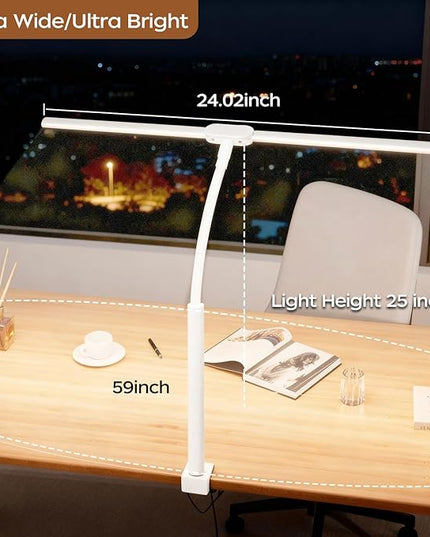 LED Desk Lamp with Clamp, Double Head Adjustable Architect Light, Eye-Caring Monitor Desk Lamp for Home Office, Flexible Gooseneck Task Lamp with 10 Brightness Levels & 5 Color Temperature Modes White