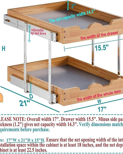 OCG 2 Tier Pull Out Cabinet Organizer (17"W x 21"D), Double Tier Slide out Wood Drawer Shelf, Pull Out Shelves for Base Cabinet Organization in Kitchen, Pantry, Bathroom
