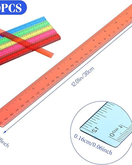 Zonon 50 Pcs 6 Inch/12 Inch Plastic Rulers Bulk Flexible Straight Rulers with Inches Centimeters First Day of School Gift Students Back to School Office Home Supplies(Clear Colorful,12 Inch)