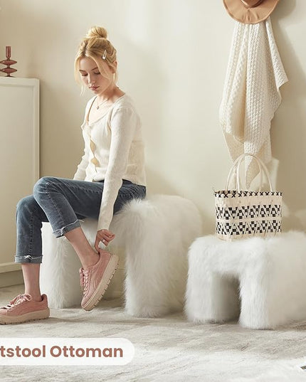 Ottoman Set of 2 Small Footstool Ottoman Vanity Stool Chair Faux Fur Seating Backless Modern Foot Rest Furry for Makeup Room Living Room Bedroom Entryway,White (2-in-1)
