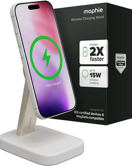 Mophie Wireless Charging Stand - Qi2-Certified, MagSafe Charger for iPhone – Magnetic Fast Wireless Charger with Adjustable Phone Stand & Cable Management – Up to 15W Power