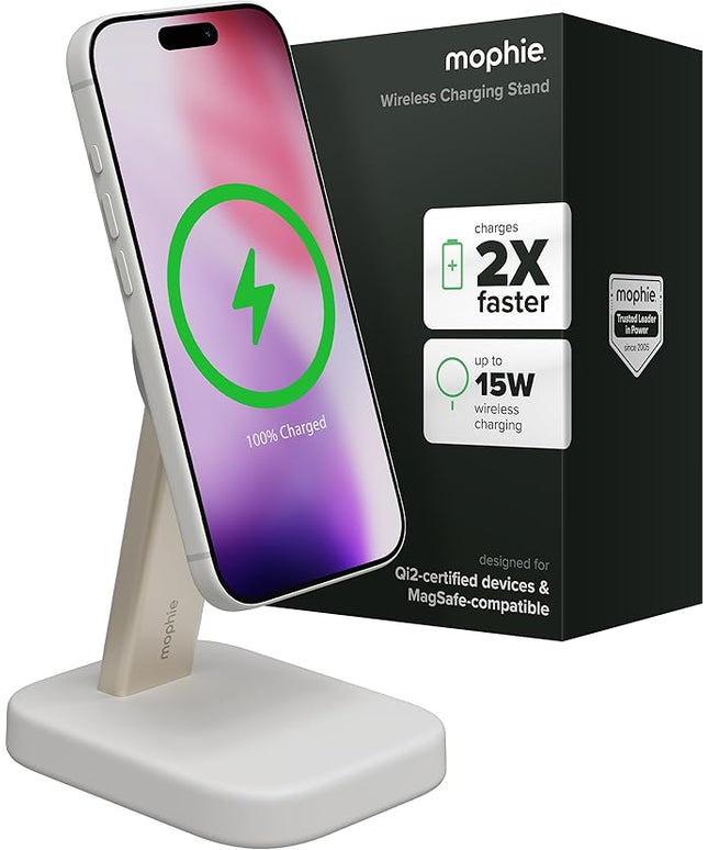 Mophie Wireless Charging Stand - Qi2-Certified, MagSafe Charger for iPhone – Magnetic Fast Wireless Charger with Adjustable Phone Stand & Cable Management – Up to 15W Power