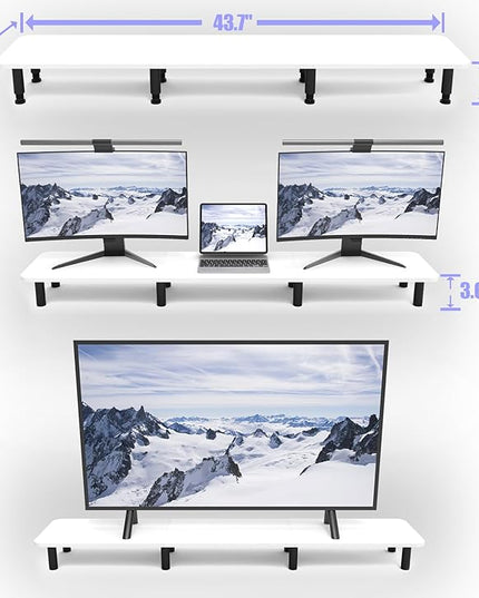 Dual Monitor Stand Riser 43.7 inch Large Extra Long Monitor Stand Riser Wide TV Stand Riser Monitor Stand for 2 Monitors Wood & Steel Leg Desktop Riser Desk Organization Home Office (White)