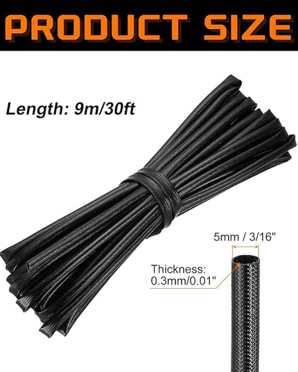 MECCANIXITY 30ft Braided Cable Sleeve, 3/16" ID 200C High Temperature 1500V Fiberglass Wire Insulation Cord Protector Organizer Wires Management for Motor Engine Fuel Line, Black