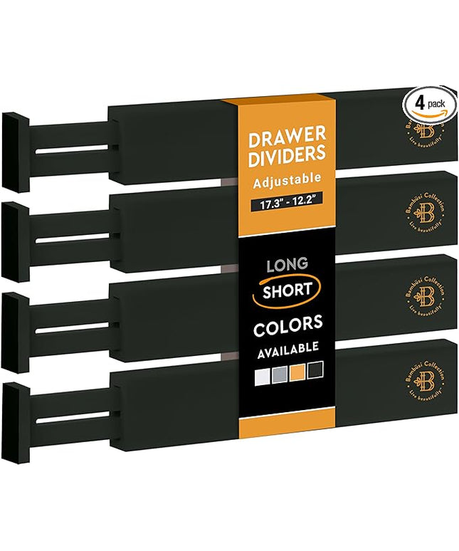 4 Pack Drawer Divider - Bamboo 2.6" High, 12.5-17" Adjustable Drawer Organizers for Clothes, Expandable Dresser Separators in Bedroom, Bathroom, Kitchen, Office Organization and Storage (Black)
