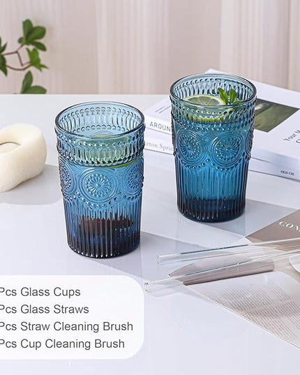 Vintage Glassware Drinking Glasses Set of 6,13 oz Blue Textured Flower Design Glass Water Tumblers，Embossed Striped Drinkware for Water,Cocktails,Juice,Iced Coffee