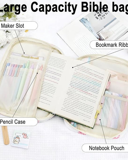 Lestp Bible Cover Case Study Supplies for Women Gifts Large Bible Cover with Highlighters Pens Tabs Cute Quilted Carrying Case Journal Kit Accessories Christian Gifts Sticky Notes C
