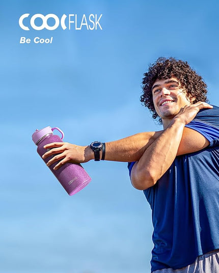 Coolflask Water Bottle 32 oz Insulated with Straw, Stainless Steel Metal 3 Lids Water Flask Wide Mouth for Sports or Office, Non-BPA Keep Cold Up to 48 Hrs or Hot Up to 24 Hrs, Glitter Pink