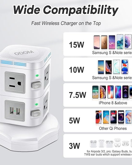 Power Strip Surge Protector, ODOM Power Strip Tower with 15W Fast Wireless Charger, 4 USB Ports + 6 Outlets + 6 Feet Retractable Extension Cord, Multiple Plug Charging Tower for Home Office Dorm