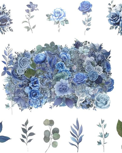 Obujopal 100 Pcs Blue Flower Stickers, Wildflower Stickers for Scrapbooking Junk Journal Card Making Collage Notebook Diary Planner Letter Envelope Water Bottle Phone Case Craft Decoration (Blue)