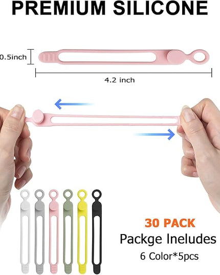 30Pcs Nearockle Silicone Cable Ties for Bundling Earphone, Phone Charger, Computer Cords, Reusable Cord Organizer Cable Management in Home,Office,Kitchen,School (6 Colors)