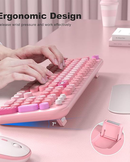 MOFII Wireless Keyboard and Mouse Combo, Full Size 2.4G Plug and Play Typewriter Retro Round Computer Keyboard and Mouse Set for Windows, Computer, Desktop, PC, Notebook - (Pink Colorful)