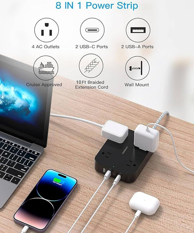 Black Flat Plug Extension Cord, HANYCONY 10ft Power Strip with 4 USB Ports(2 USB C), 4 Widely Outlets Extender, Wall Mount, Desk Charging Station for Office, Travel and Dorm Room Essentials