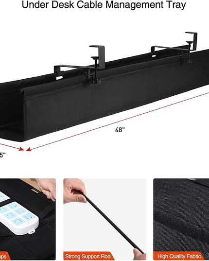 MAXECHO Under Desk Cable Management Tray 48" - Clamp on Wire and Cable Organizer for Storage and to Hide Cords - Ideal for Home Office - Premium Black Fabric Design