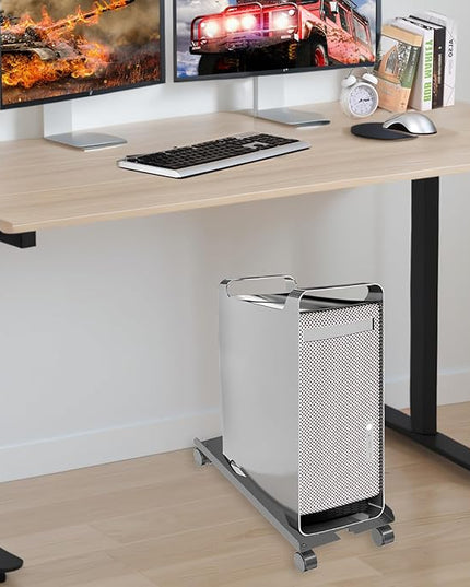 Adjustable Computer Tower Stand, Ventilated Mobile CPU Stand Fits Most PC Tower, Steel Desktop CPU Holder with Rolling Caster Wheels, PC Floor Cart Riser for Gaming Office Desk Accessories