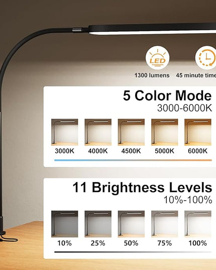SKYLEO Led Desk Lamp - Desk Light for 33.5" Tall - Flexible Gooseneck - 5 Color Modes X 11 Brightness Levels - 1300LM - Timmer & Memory Function - 12W Clip on Light - Black