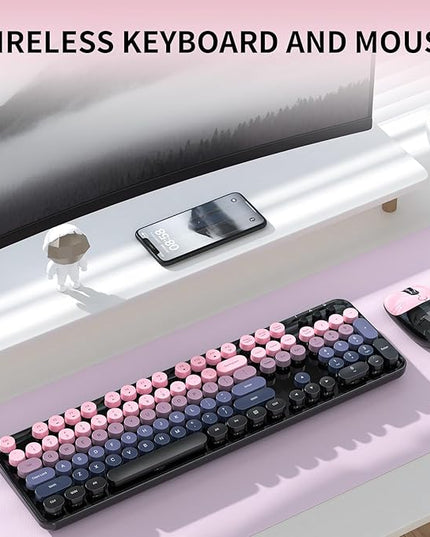 Wireless Keyboard and Mouse, MOFII 104 Round Keycaps Retro Typewriter with OTG & Brush, Full-Size Ergonomic, Ideal for Windows PC, Home, Office and College Peach Pink