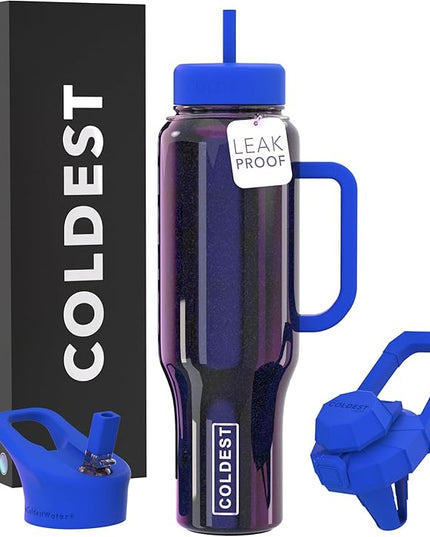 Coldest Tumbler with Handle and Straw, 100% Leak Proof Insulated Tumbler with Lid and Straw (3 Lids), Stainless Steel Tumblers for Women & Men, Cup Holder Friendly, 46 oz (Enchanted Blue)