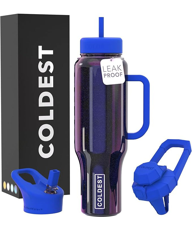 Coldest Tumbler with Handle and Straw, 100% Leak Proof Insulated Tumbler with Lid and Straw (3 Lids), Stainless Steel Tumblers for Women & Men, Cup Holder Friendly, 46 oz (Enchanted Blue)