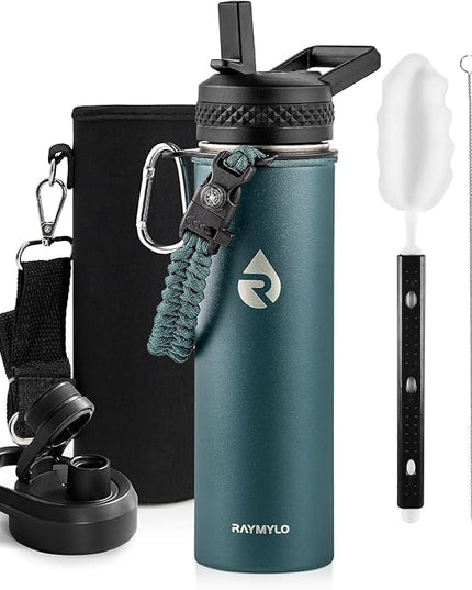 Insulated Water Bottle 20 oz, Triple Wall Vacuum Stainless Steel (Cold for 48 Hrs), Leak Proof & Non-BPA, Kids Water Bottle Jug for School with Straw Spout Lids, Dark Green