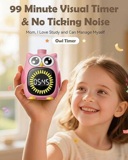 Doli Yearning Visual Timer for Kids, 99 Minute Cute Owl Digital Countdown Timer for Home School Classroom Supplies Study, Silent Time Management Tool (Pink)