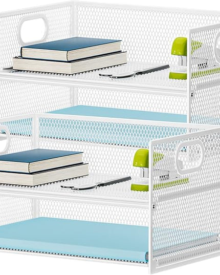 Marbrasse 2 Tier Paper Organizer Letter Tray, Mesh File Organizer with Handle, Paper Sorter Desk Organizer for Home Office Supplies - 2P White