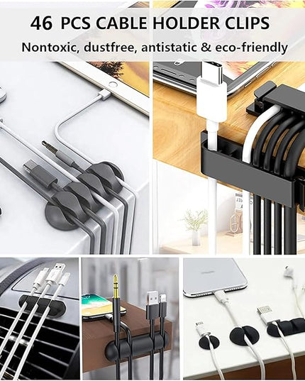 N NOROCME 192 PCS Cable Management Kit 4 Wire Organizer Sleeve,11 Cable Holder,35Cord Clips 10+2 Roll Cable Organizer Straps and 100 Fastening Cable Ties for Computer TV Under Desk, black,clear